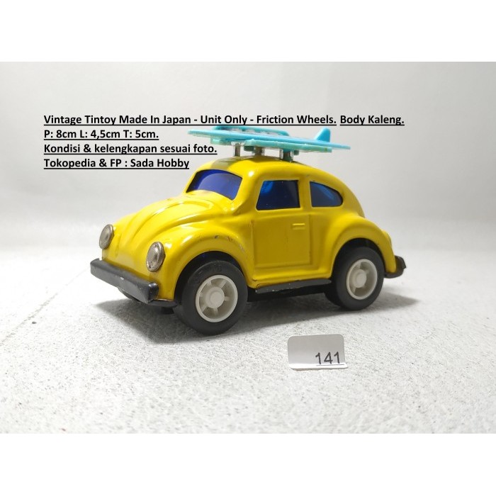 Rare Vintage Diecast Tin VW Volkswagen Bug Beetle Toys Club Surfing Yellow Friction Japan