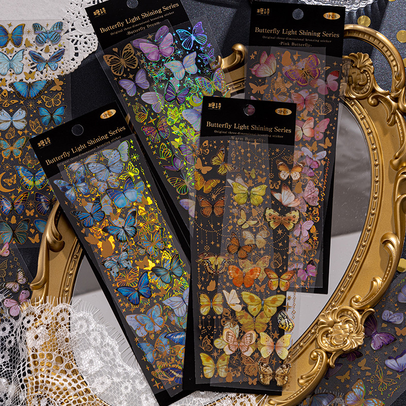 

3pcs Shiny Colorful Butterflies Decorative Pvc Stickers INS Stamping Scrapbooking Material Label Diary Phone Journal Planner