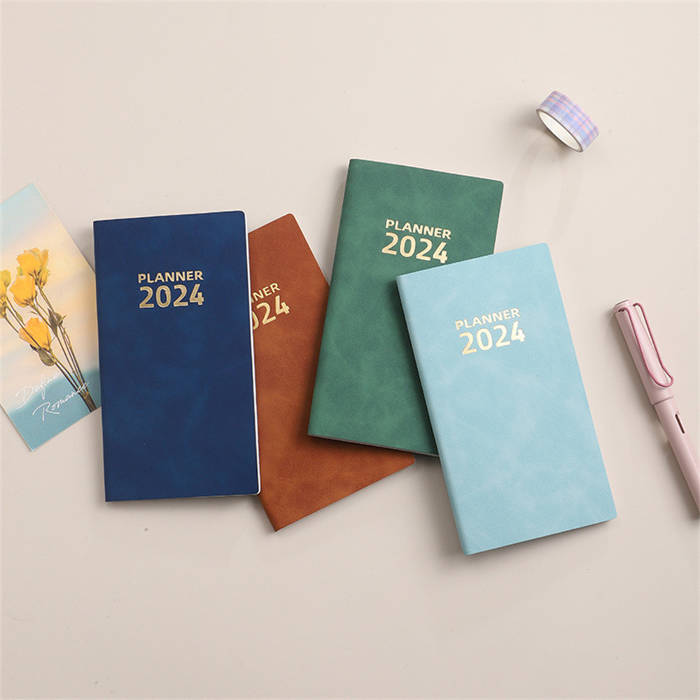 

2024 English Agenda Book 365 Day Daily Weekly Planner A6 Notepad Solid Color PU Leather Notebook Stationery Office School Supply