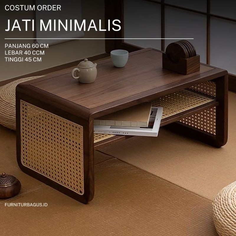 Meja Jepang Minimalis / Meja Lesehan Jepang / Meja Laptop Jati Rotan / Coffe Table Lesehan