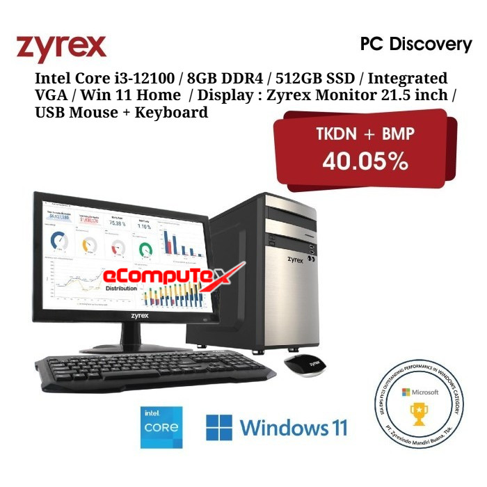 ZYREX PC DESKTOP DISCOVERY DS-01 2223-8S5-3 Intel Core i3-12100 8GB DDR4 512GB SSD Integrated VGA Wi