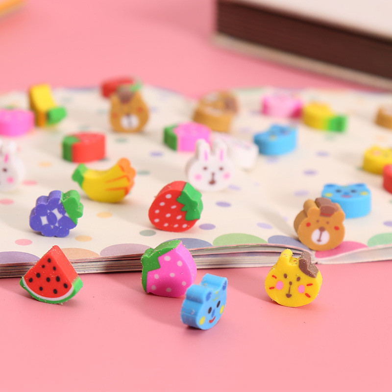 

30Pcs Cute Cartoon Pencil Erasers Fruit Animal Shape Rubber Kids School Correction Supplies Student Gift Mini Eraser