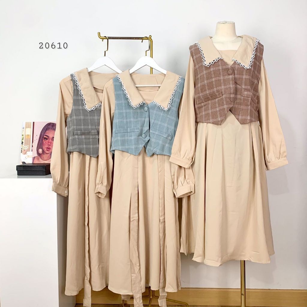 DRESS SLIKY CREAMY POLOS MIX VEST KOTAK YUKENGSI TWIN BUTTON VARIASI ACC POCKET KERAH RENDA PREMIUM 