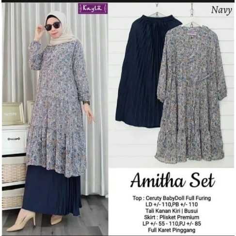 Setelan Wanita Rok Atasan Tunik Amitha One Set Kayla Bahan Ceruty Babydoll Full Furing Rok Plisket P
