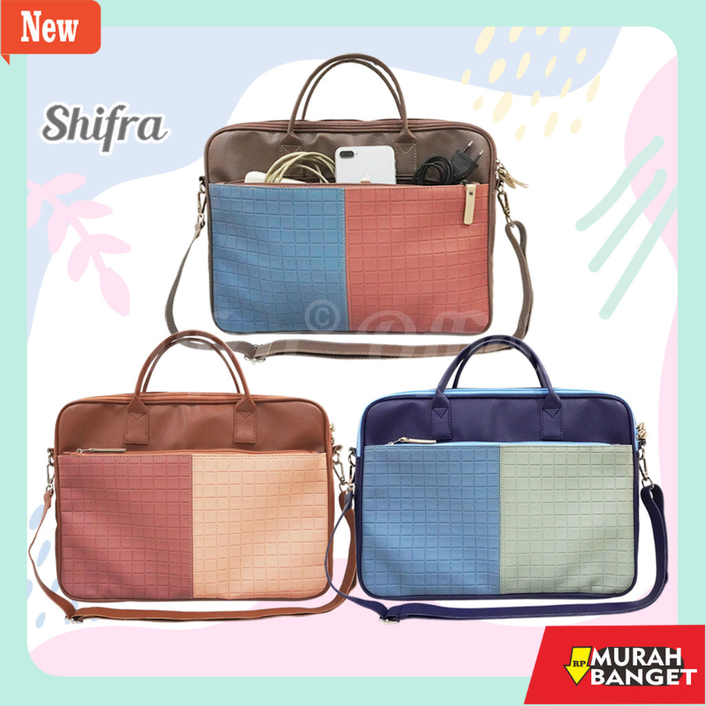 Tas laptop wanita terviral- Shifra Tas Laptop Selempang Tali Panjang Kantong Embossed Kombinasi Dua 