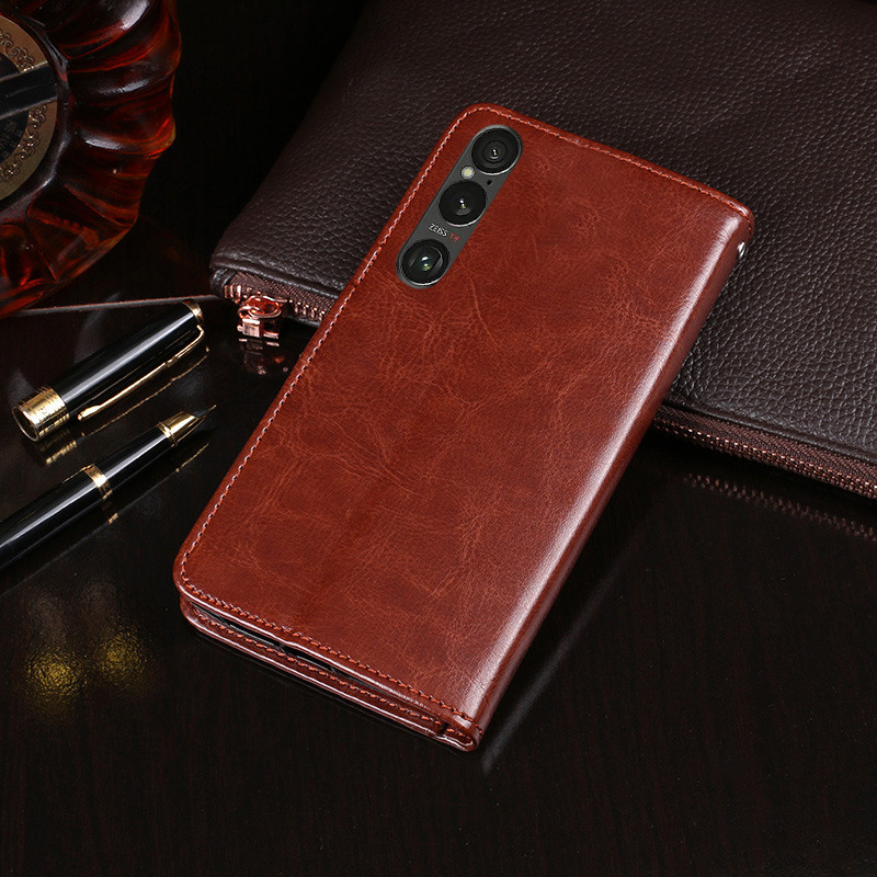 Flip Phone casing Sony Xperia 1 10 VI III Leather Classic Vintage Kickstand Cowhide Cover for Sony X