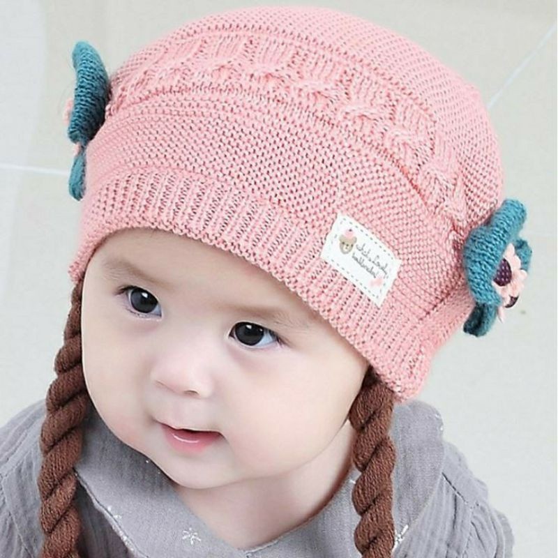 Topi Bayi perempuan Rambut Kepang Perempuan murah Topi Rajut Kepang pompom  baby hat