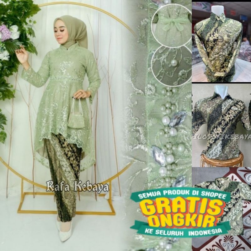 SET KEBAYA COUPLE LESTY KEJORA SAGE GREEN / COUPLE BATIK MOTIF CM SAGE/ Menyala