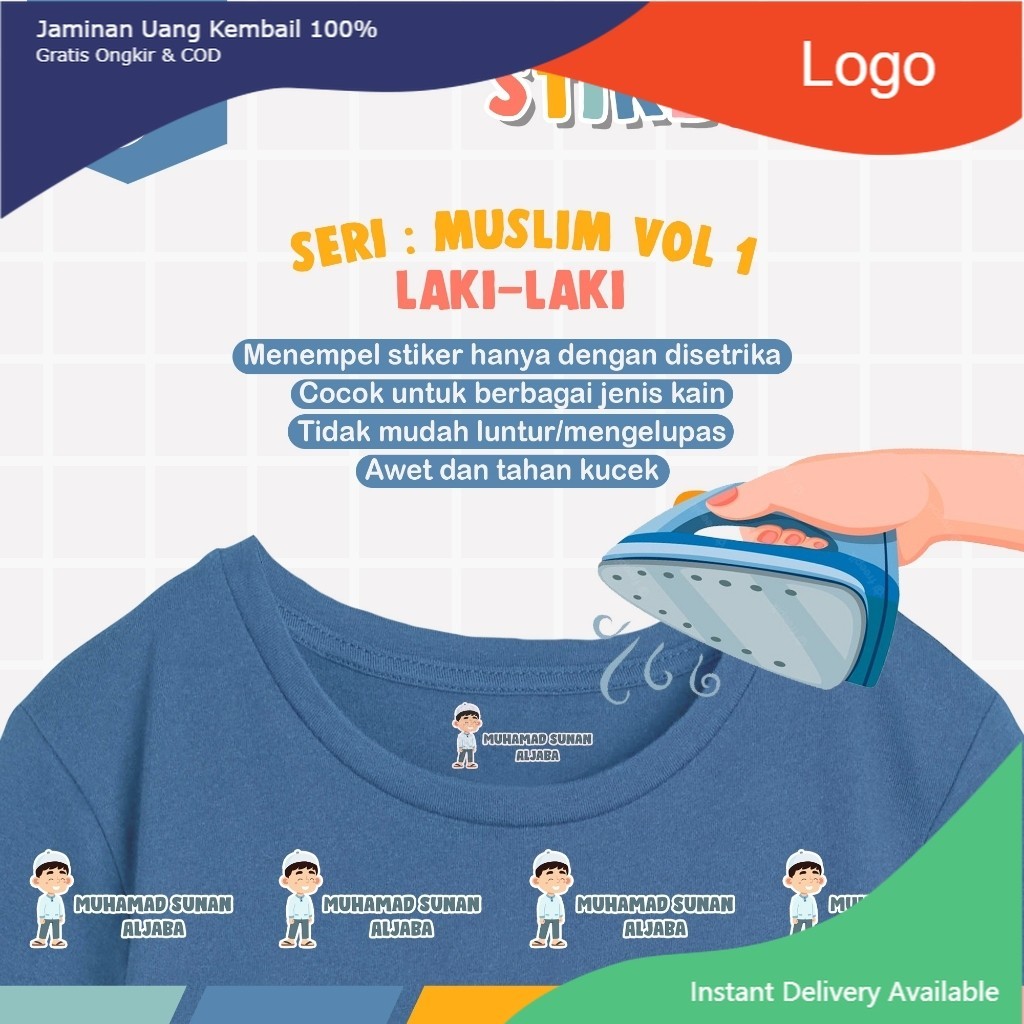 

[ISI 44-94pcs] Stiker Custom Nama Baju Kain Anak Setrika Label Seragam Sekolah - Seri Muslim Laki-laki 1