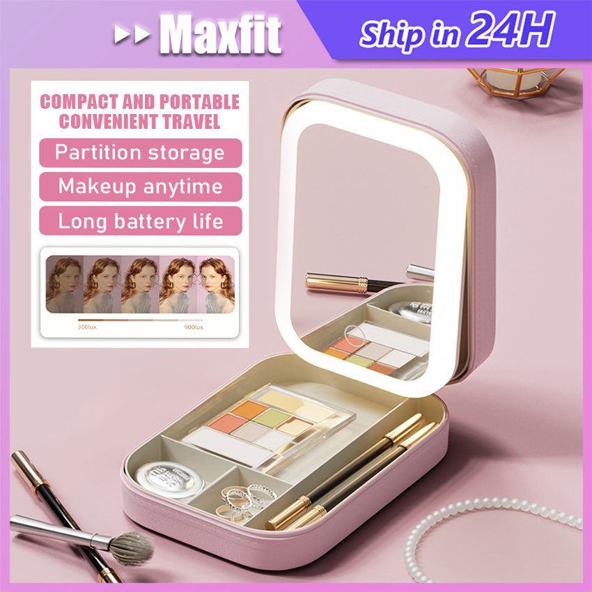 Cermin Lampu LED Makeup Travel Box Make Up Meja Dengan Lampu Kosmetik Penyimpanan