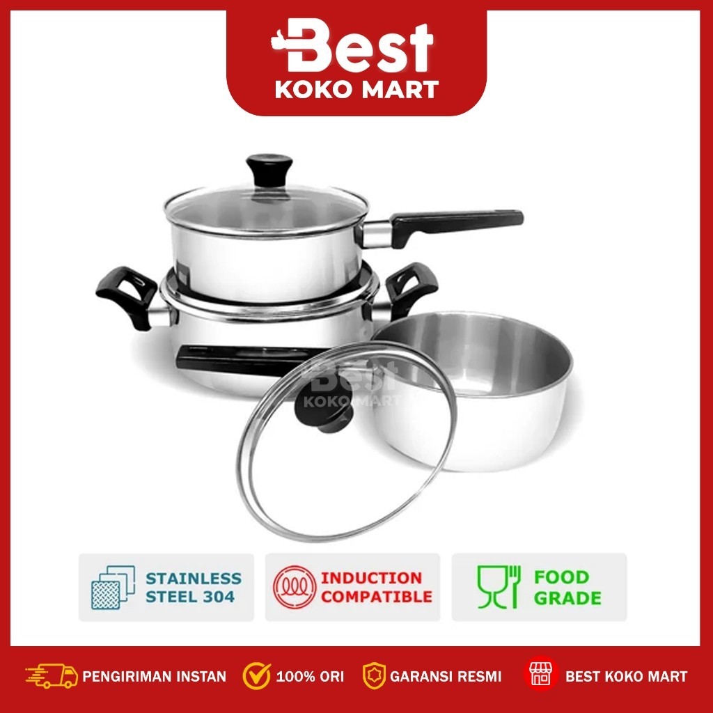 Maspion Maxim Super FIT set Sauce Pan 16 cm dan 18 cm + Dutch Oven 20 cm - Alat Masak set Stainless 