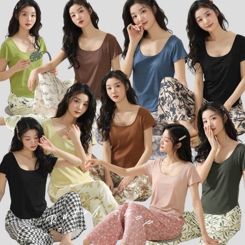 SETELAN ONE SET PIYAMA BAJU TIDUR CP WANITA DEWASA TOP BRA IMPORT PREMIUM WRINKLE COTTON KNIT KOREAN
