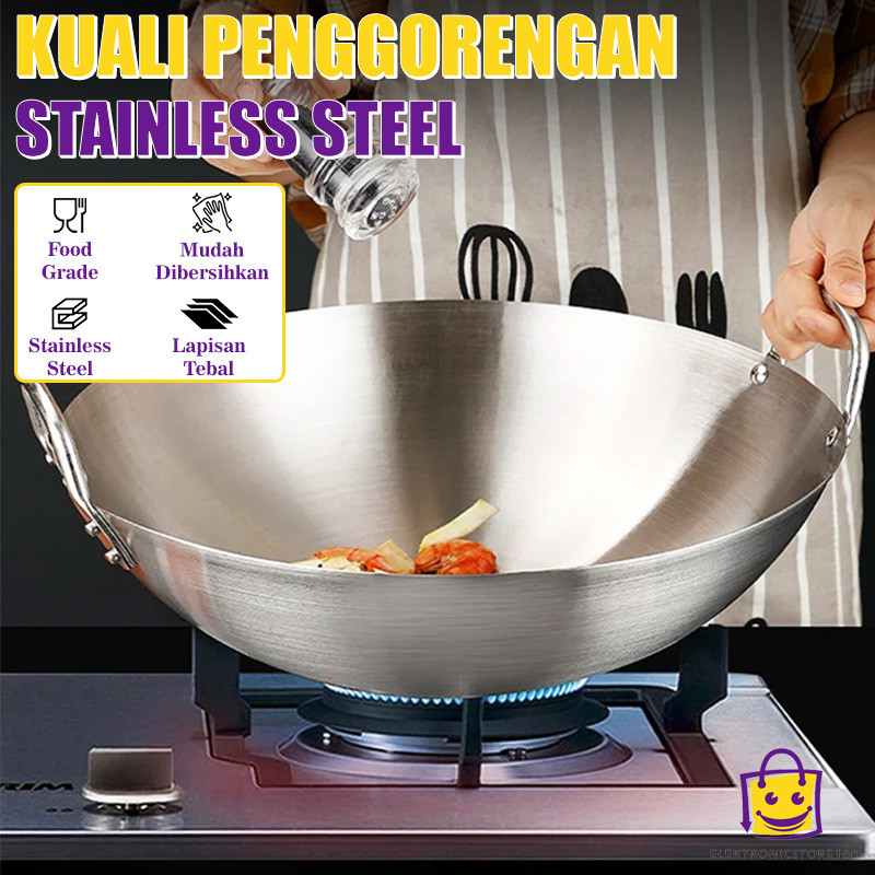 (E.S) Wajan Stainless Steel Putih Kualitas Premium Tebal Ukuran 30cm Wajan Kuali Penggorengan
