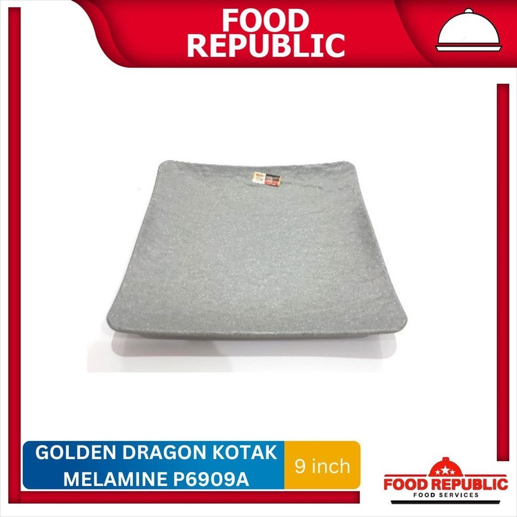 Golden Dragon Piring Kotak Relief Batu 9 inch Melamin P6909A Abu Stone