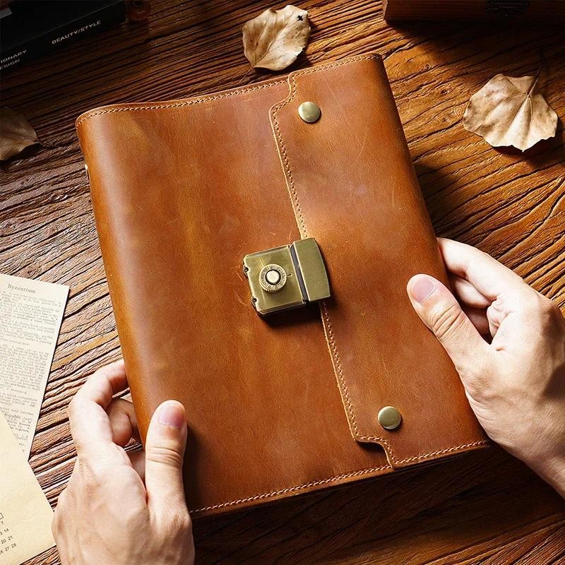 

Pure Handmade A5 Size Password Notebook Vintage Loose Leaf Rings Planner Office Business Multi-function Diary Cowhide Notebook