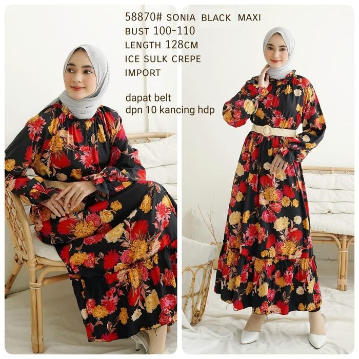 TM 58870 Maxi Dress Wanita Sonia Ice Silk Crepe Black