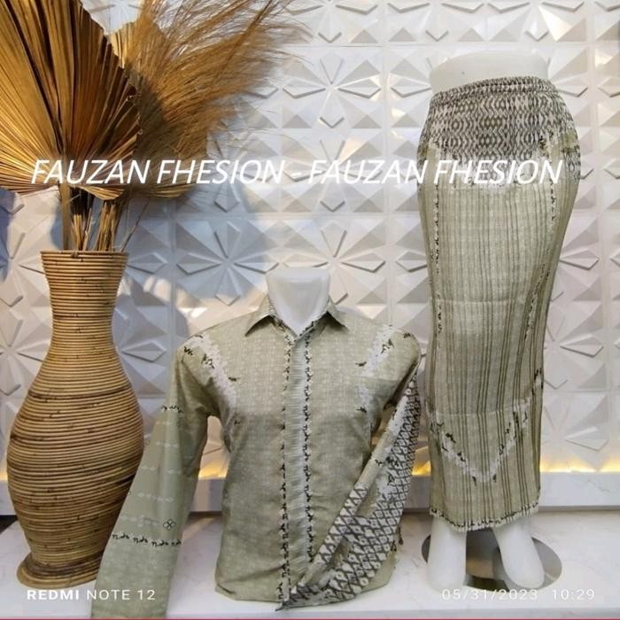 [Senja Fashion] BATIK COUPLE LILIT/KEMEJA LENGAN PANJANG/ROK PLISKET/ NEW KONDANGAN - Sage green, Ro