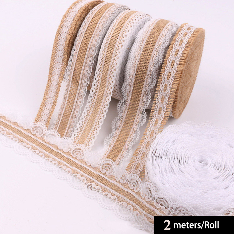 

2M 25MM Natural Jute Burlap Rolls Hessian Ribbon with Lace Vintage Rustic wedding Decor Ornament Burlap Party DIY craft Supplies