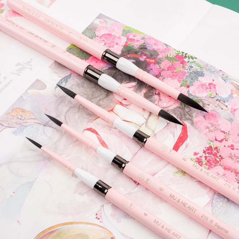 

Lovely Mini Pen Squirrel Hair Mixed Artist Watercolor Painting Brush Light Pink Brass Cap Pointed Round Head 215R MU HE ART
