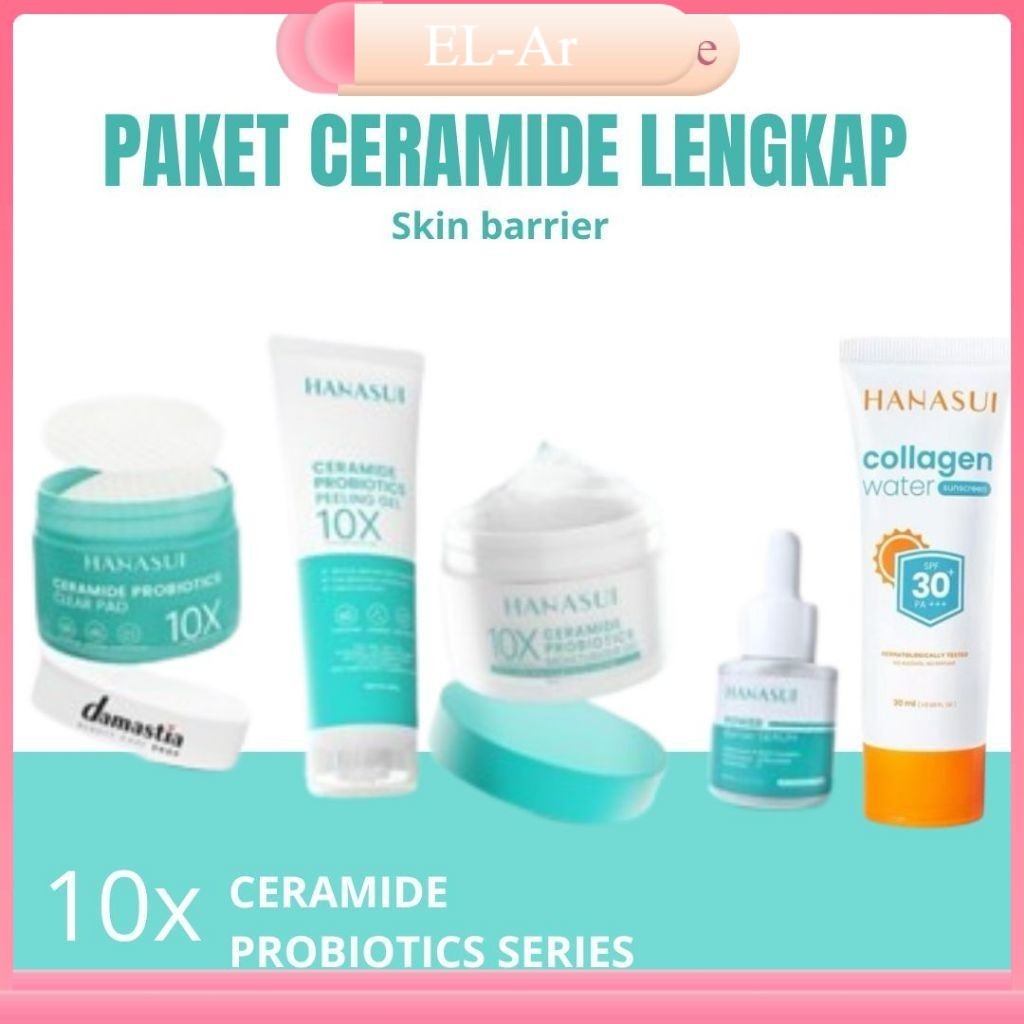 Hanasui Paket Skincare Lengkap 5 in1 Ceramide Skin Barrier Probiotics - Moisturizer Gel Peeling Clea