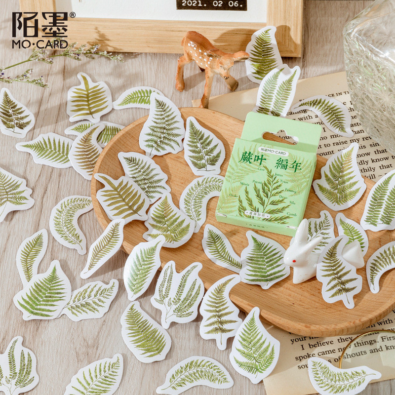 

46pcs Fresh Green Plant Fern Leaf Boxed Sticker DIY Album Label Stationery Scrapbook Hand Account Diary Material Seal Sticker