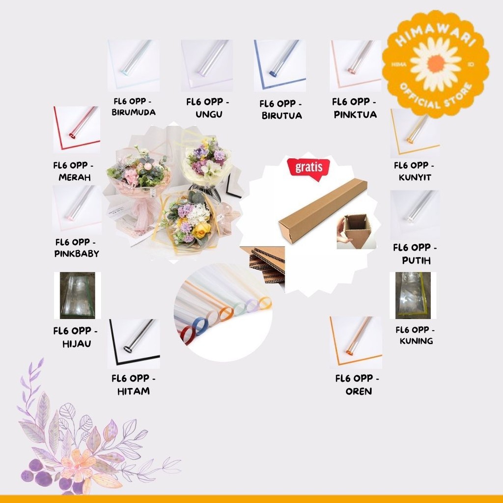 

HIMA - FL6 OPP 5Lembar-Kertas Bunga Buket Transparan List WARNA / Kertas Buket Bunga Florist Cellophane - GROSIR
