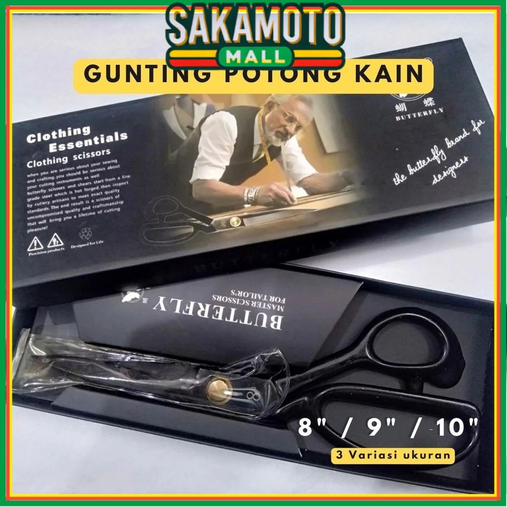 

Gunting Potong Kain Butterfly Original Hitam Bahan Baja Mangan Galvanis 8" / 9" / 10" Professional Tailor Scissors