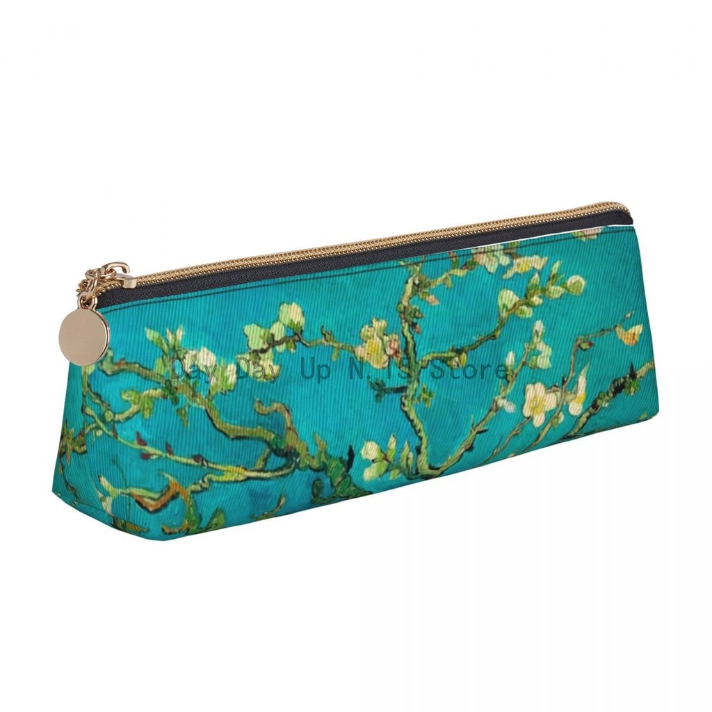 

Van Gogh Leather Pencil Case Almond Tree Floral Art Elementary School Girls Boys Zipper Pencil Box Cool Big Triangle Pen Pouch