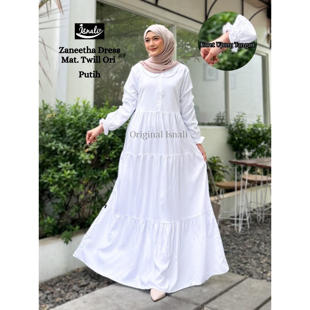 ZANEETHA Dress by. Isnali Gamis Putih Busui Wanita Kekinian Bahan Katun Rayon Twill Premium Polos Te