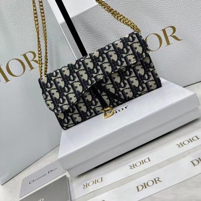 Original 2024 New   Dior Long Saddle Chain Bag In Blue Oblique Print Fashionable Clutch Bag