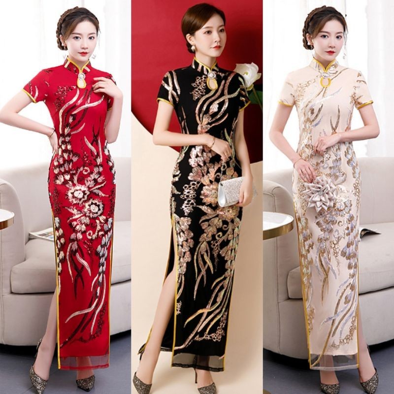 Realpic G879 Bisa Custom S-5XL Gaun bridal mewah impor gaun cheongsam merah cheongsam maxi hitam gol