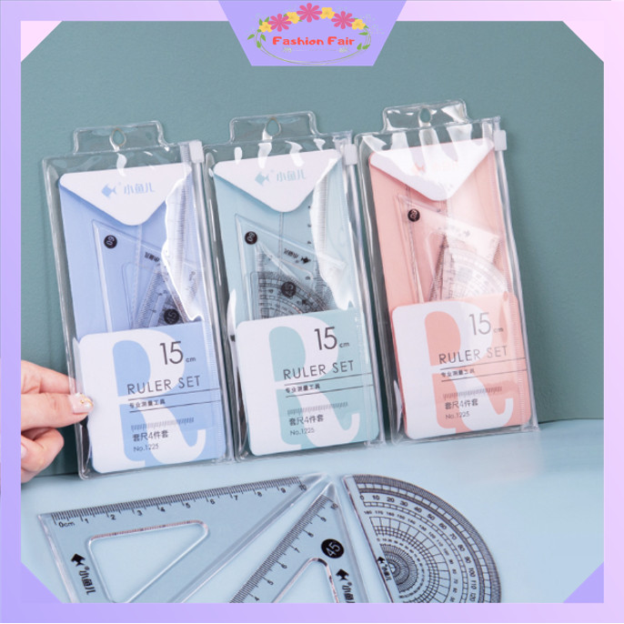 

FASHION FAIR S6135 Penggaris Set 4 In 1 / Perlengkapan Sekolah Menggambar Motif Polos / Ruller Set Transparant / Penggaris Bening Polos