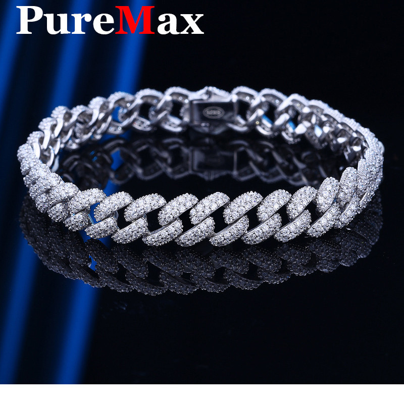 PureMax New  Hiphop 925 Sterling Silver Full Moissanite Cuban Tennis Bracelet Original Man's Moissan