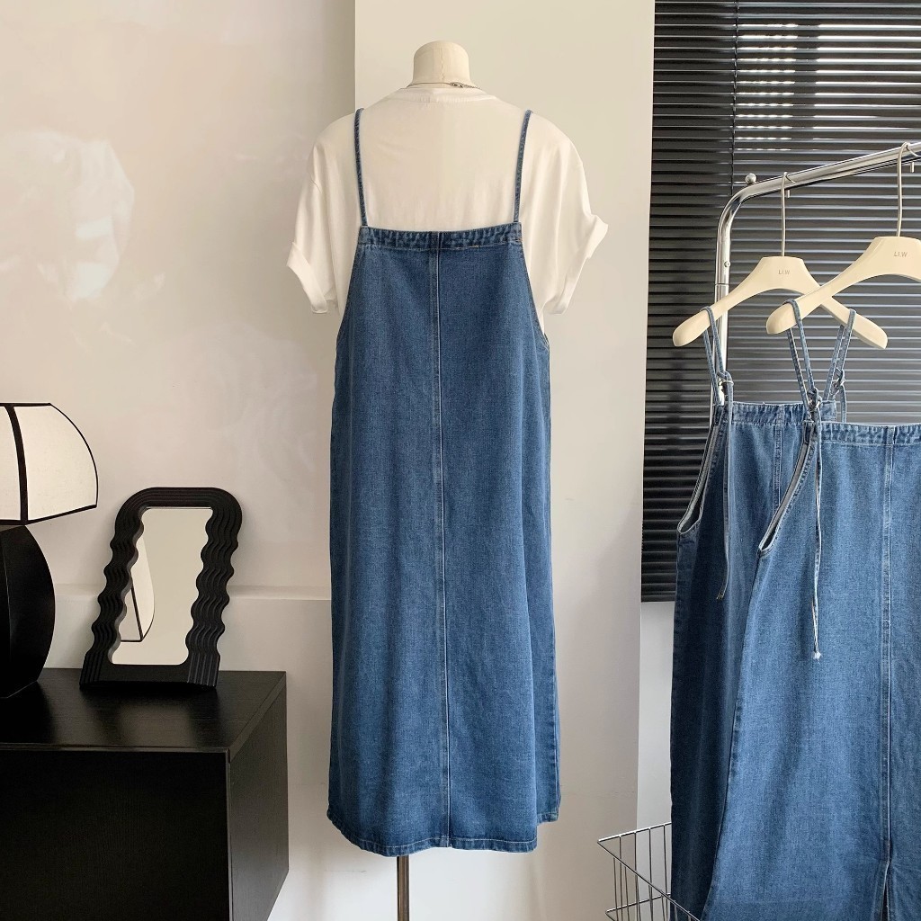 NOBELISTA - overall dress midi dress denim hitam Jumpsuit Rok panjiang jeans korean style cewek kekn