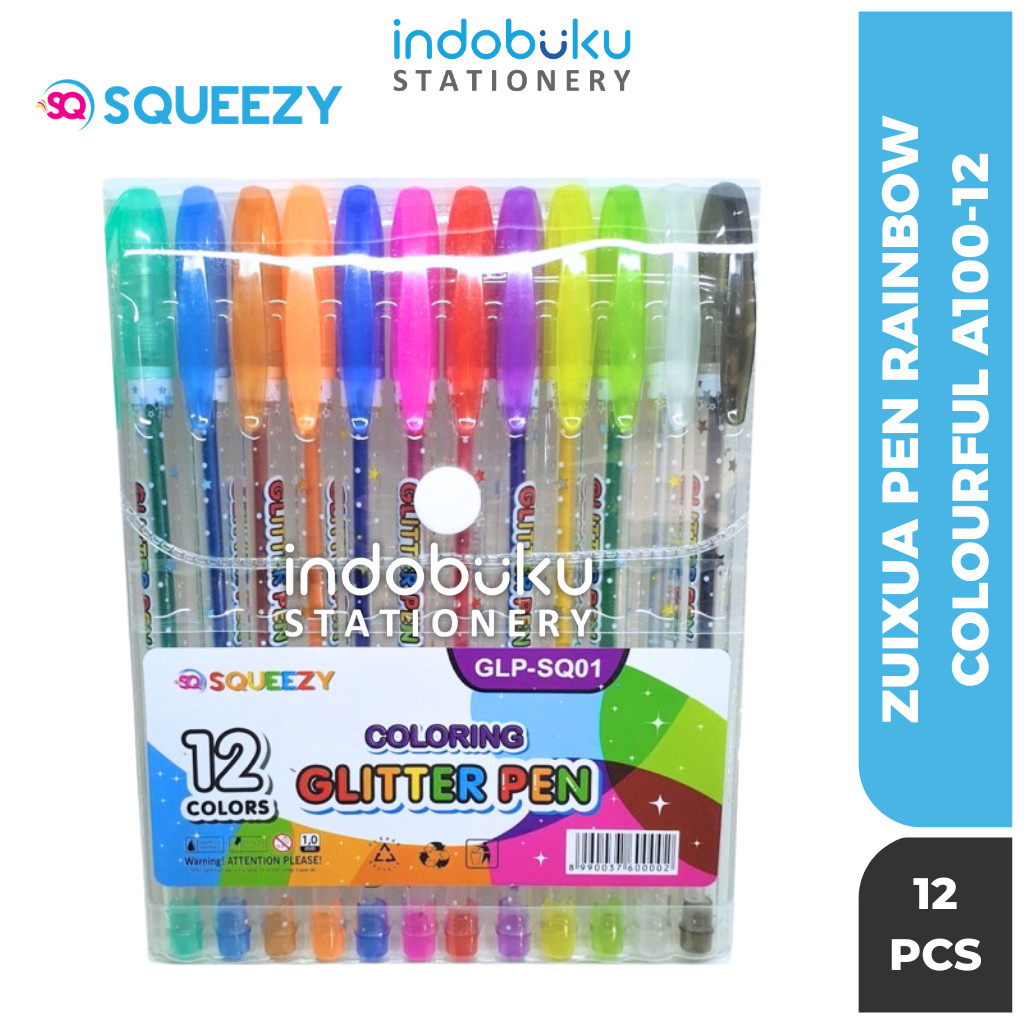 

Pulpen Gel Glitter 12 Warna / Pena Gel Pen Glitter Warna-warni 1.0 mm Squeezy GLP-SQ01