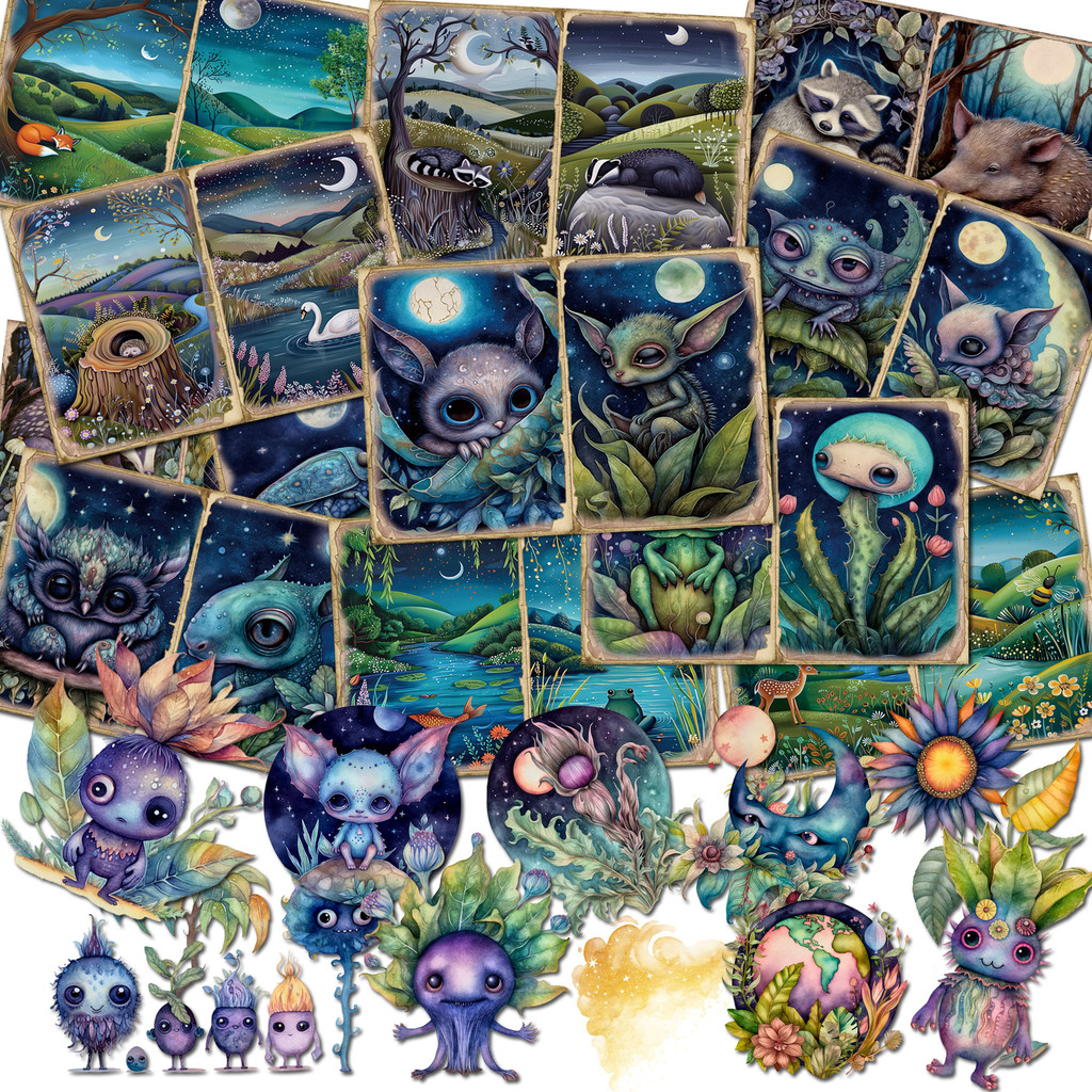 

JAIIMAN 60pieces(Paper+Sticker)Vintage Moonlight Monster Theme DIY Scrapbook Set,for Junk Journals,Arts Crafts,Scrapbooking