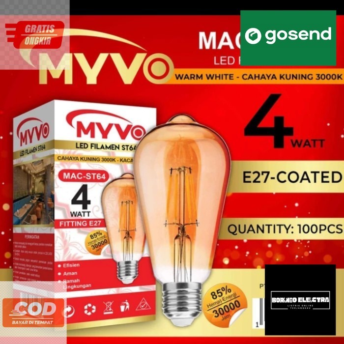Myvo lampu LED filamen ST64 C35 4W kuning Pijar Cafe 4W - Partner C35