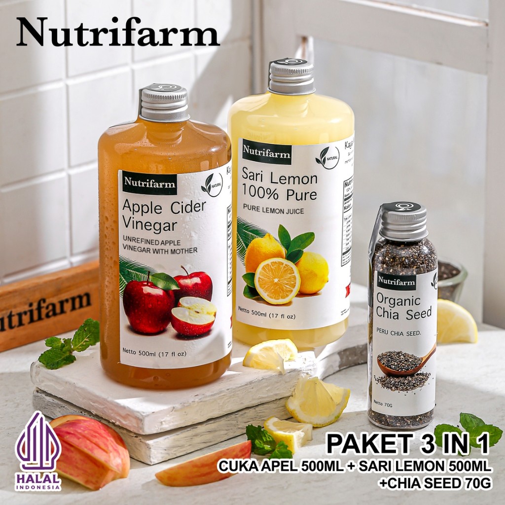 

100% ORGI> PAKET DIET CUKA APEL 3 IN 1 CUKA APEL SARI LEMON CHIA SEED ORIGINAL ORGANIK 500ML / APPLE CIDER VINEGAR / CUKA SARI APEL / BRAGG NUTRIFARM DEHEALTH SUPPLIES DARIBUMI BEORGANIK