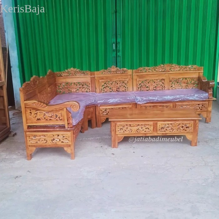 Set Kursi Tamu Sudut Ukir Kayu Jati, Kursi Sofa Tamu L Kayu Jati - Tanpa Busa murah