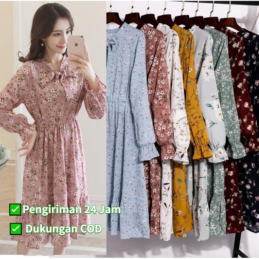 [K.Anissa] Pengiriman 24 Jam ✅Warna solid hitam merah Wanita midi dress korea lengan panjang Muslima