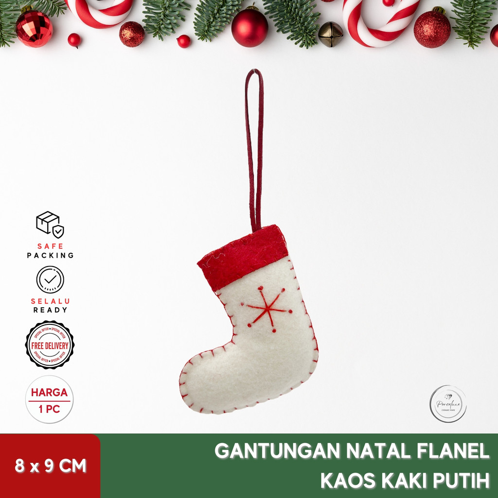 Gantungan Natal Kain Flanel Isi Dakron Kaos Kaki Mini Warna Putih Merah Ukuran 8 x 9 cm Sock Socks K