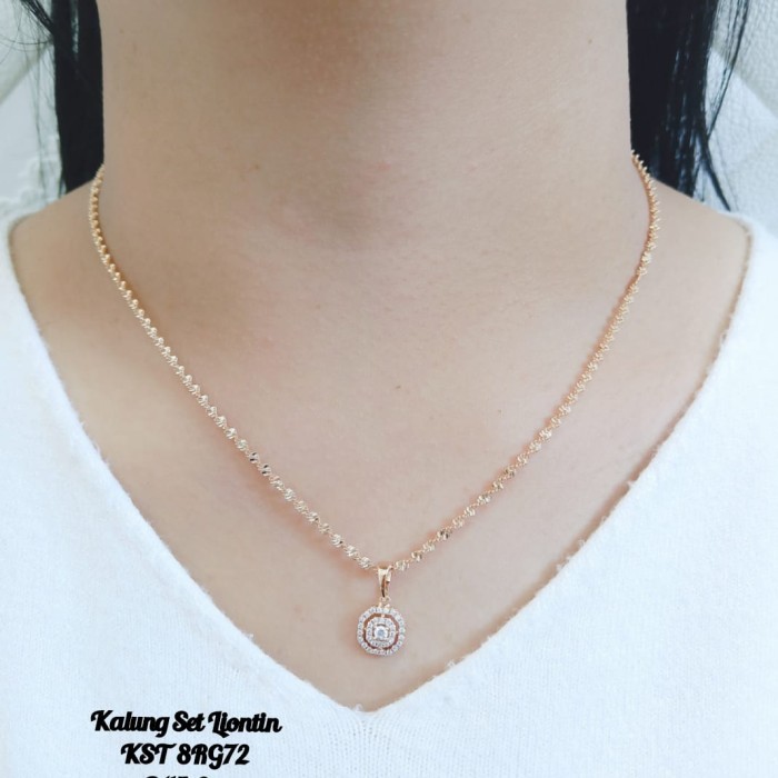 Kalung Titanium Wanita Set Liontin Permata Mirip Perhiasan Emas Asli - Rose Gold22k