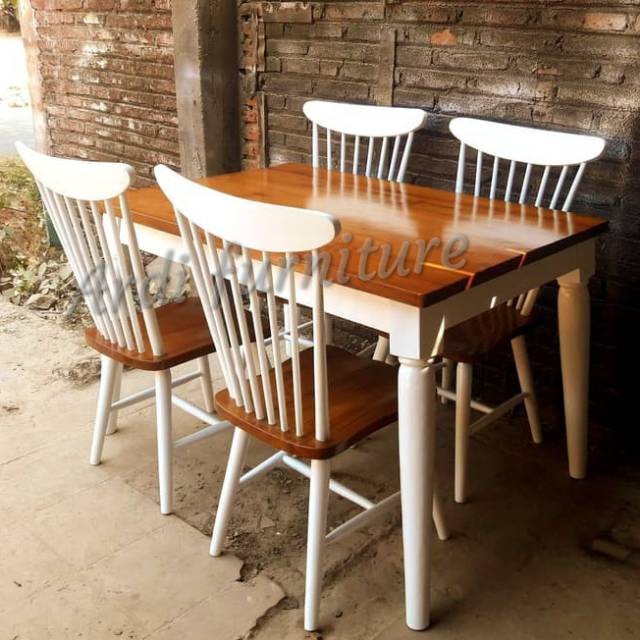 Meja Makan Kayu Jati 4 Kursi Meja Makan Retro Duco Putih Kombinasi Mebel Jepara