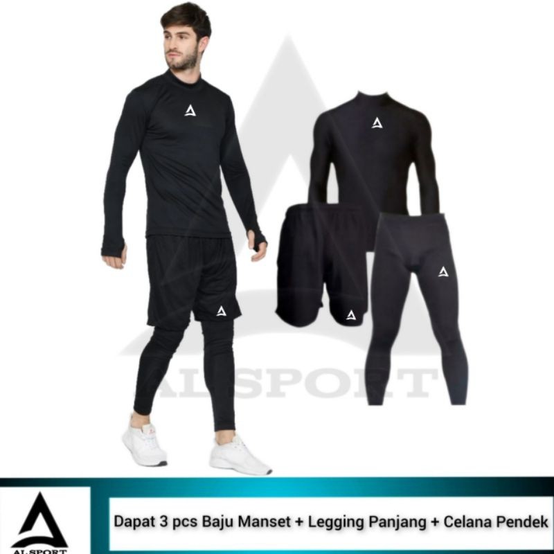 Full set Olahraga Pria Baju Manset Celana Pendek Legging Street Panjang
