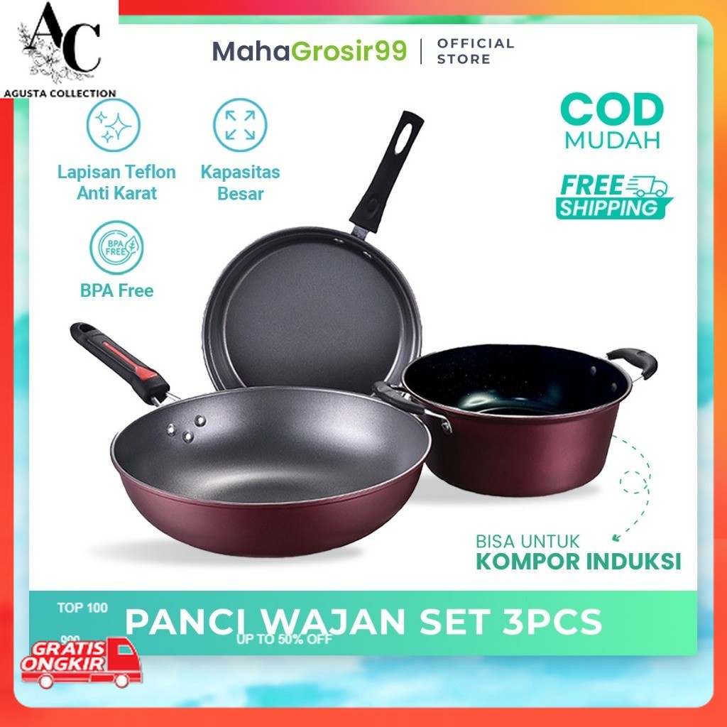 Alat Masak Lengkap / Panci Wajan Teflon Anti Lengket Set isi 3 Pcs Dan Bisa Satuan