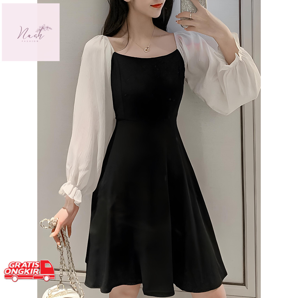 Dress Korea / Dress Hitam Putih Lengan Panjang Midi Dress Korea