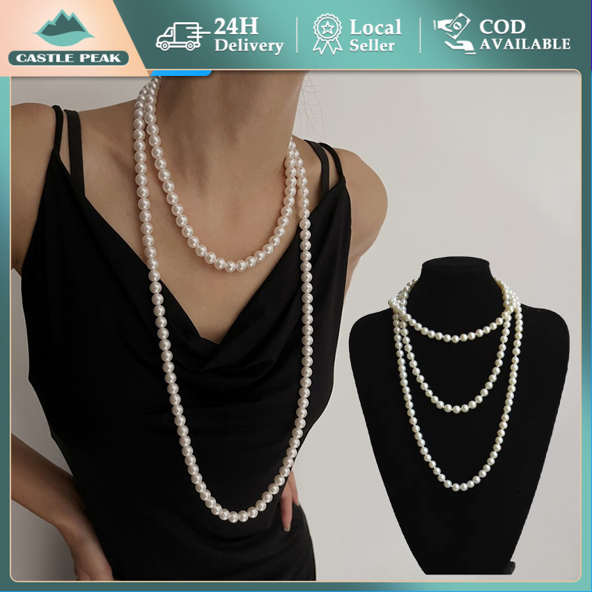 Kalung Mutiara Putih Panjang Wanita / Long Necklace Pearl Beads Kalung Mutiara Sexy Clubwear Body Ch