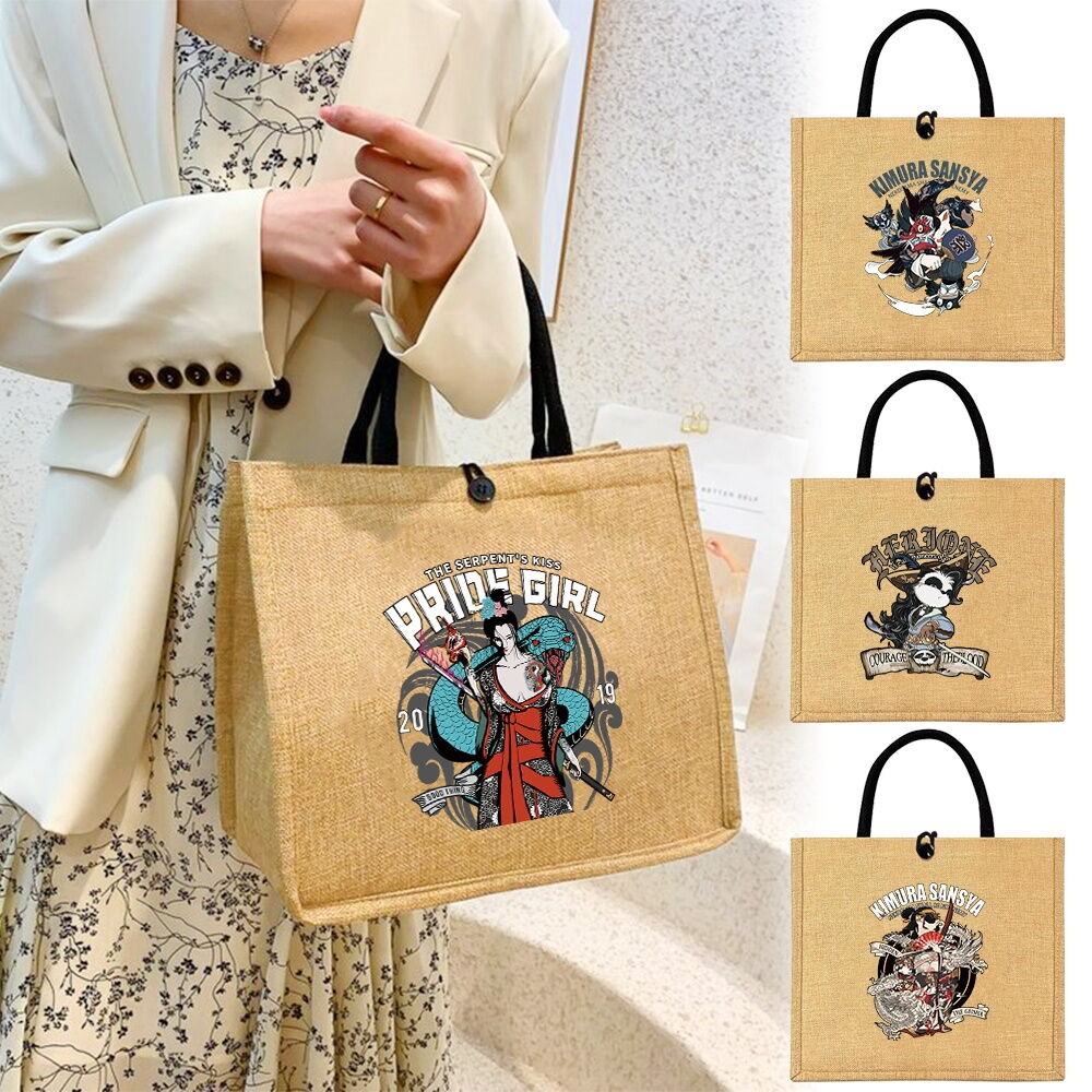 Totebag Wanita Portable Jute Splicing Linen Bag Large Capacity Waterproof Jute Handbags for Ladies H
