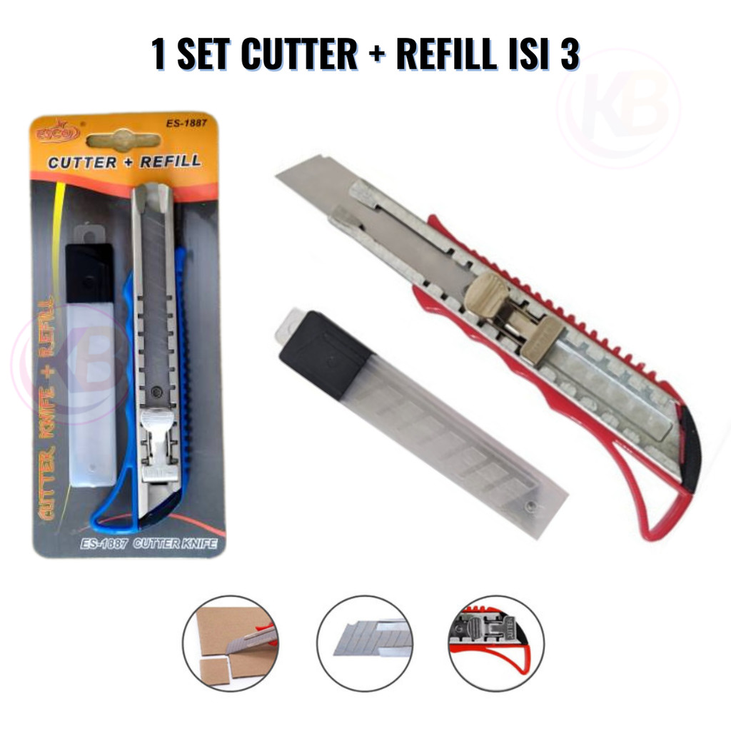 

1 Set / Cutter / Pisau cutter + Refill isi 3 pcs / Cutter knife / Scissors / Cutter Es-1887 / Random / Duta Gemilang