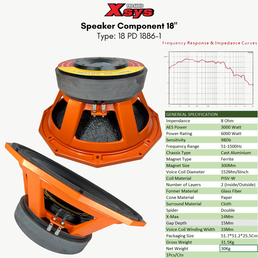 SPEAKER KOMPONEN 18INCH XSYS DOUBLE MAGNET PD 1886-1 COIL 6"